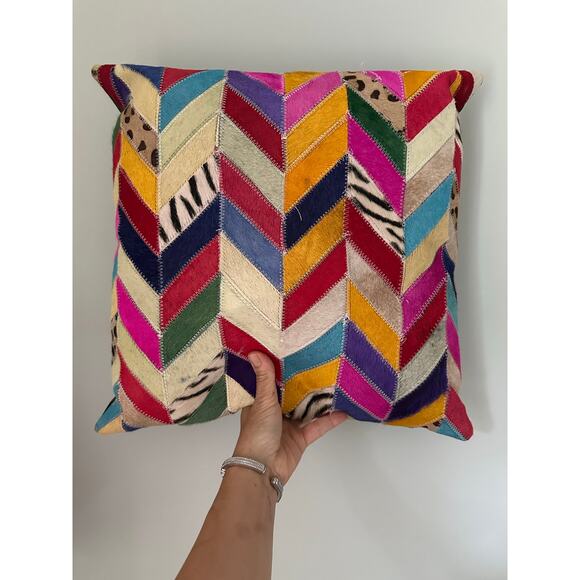 Cowhide Patchwork Decorative Pillow Cover colorful fun unique bright 18” - Picture 2 of 16